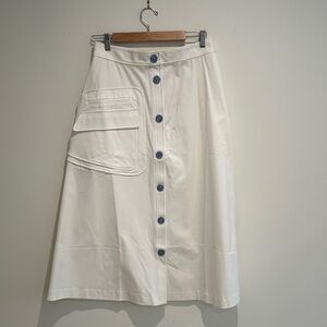 NWT Pearl by Lela Rose White A-Line Midi Skirt with Front Button Detail